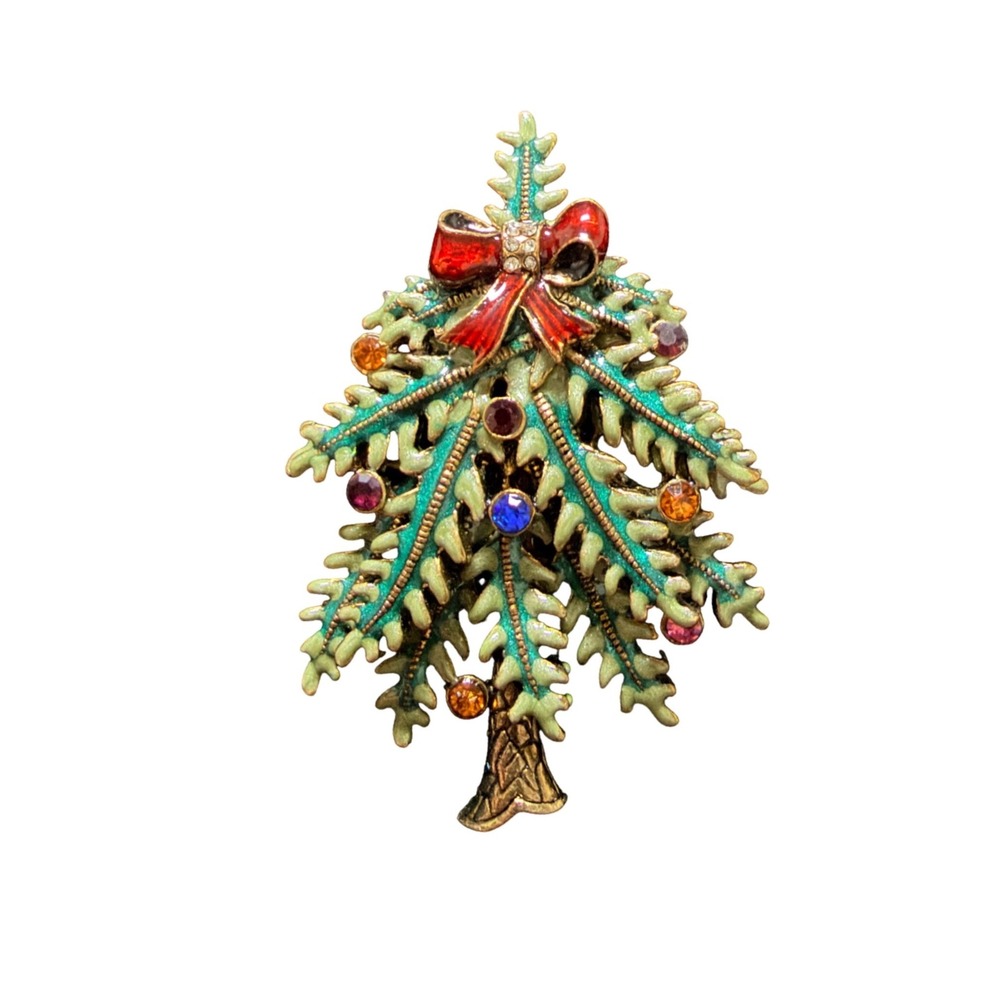 Avon 2004 1st Annual Christmas Tree Brooch Enamel Rhinestone Holiday Pin Gold